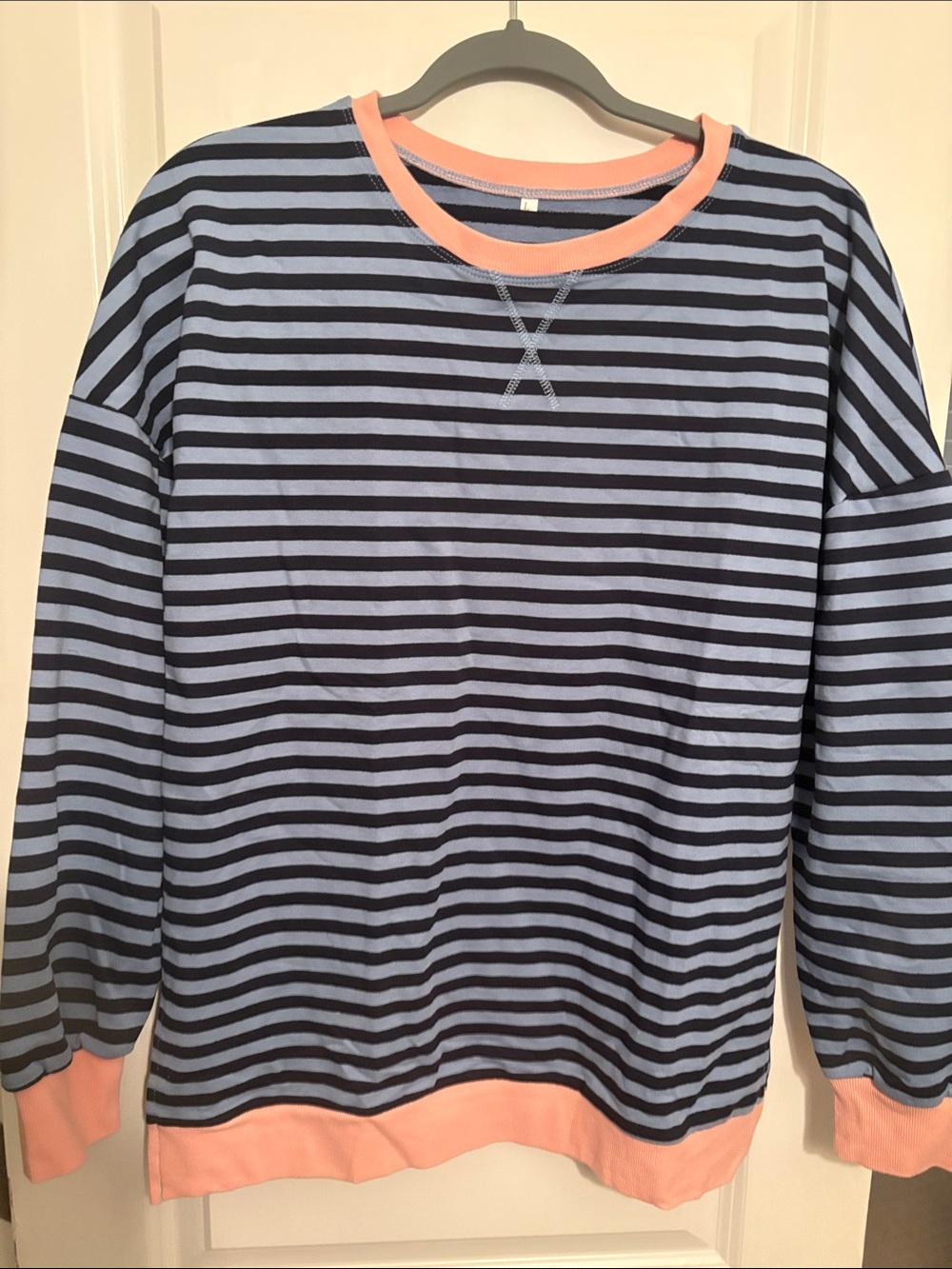 Striped Crewneck Sweatshirt - Light Blue & Navy with Peach Trim